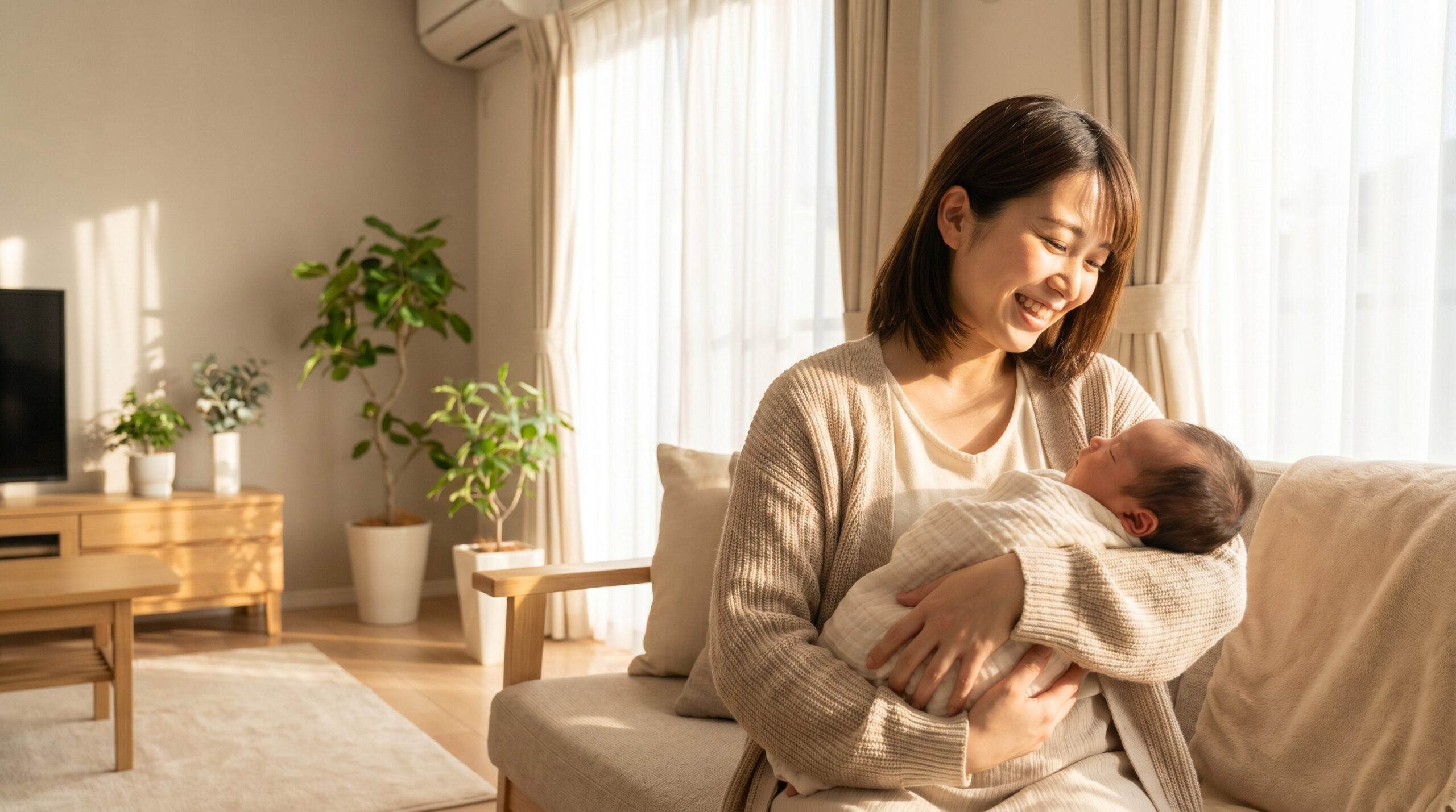 家事代行を利用し笑顔を取り戻し赤ちゃんを抱く日本人の母親