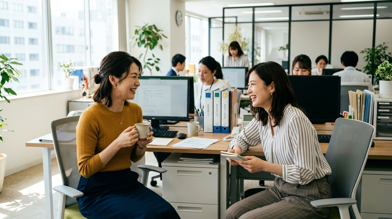 オフィスで同僚と笑顔で雑談する女性