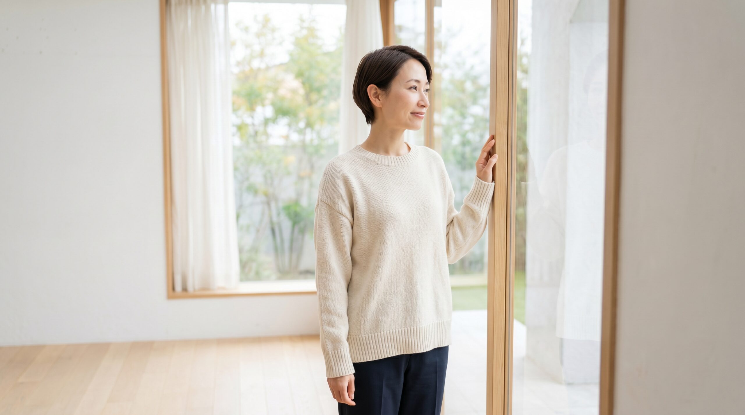 窓辺で家事代行のやめどきを穏やかに考える女性