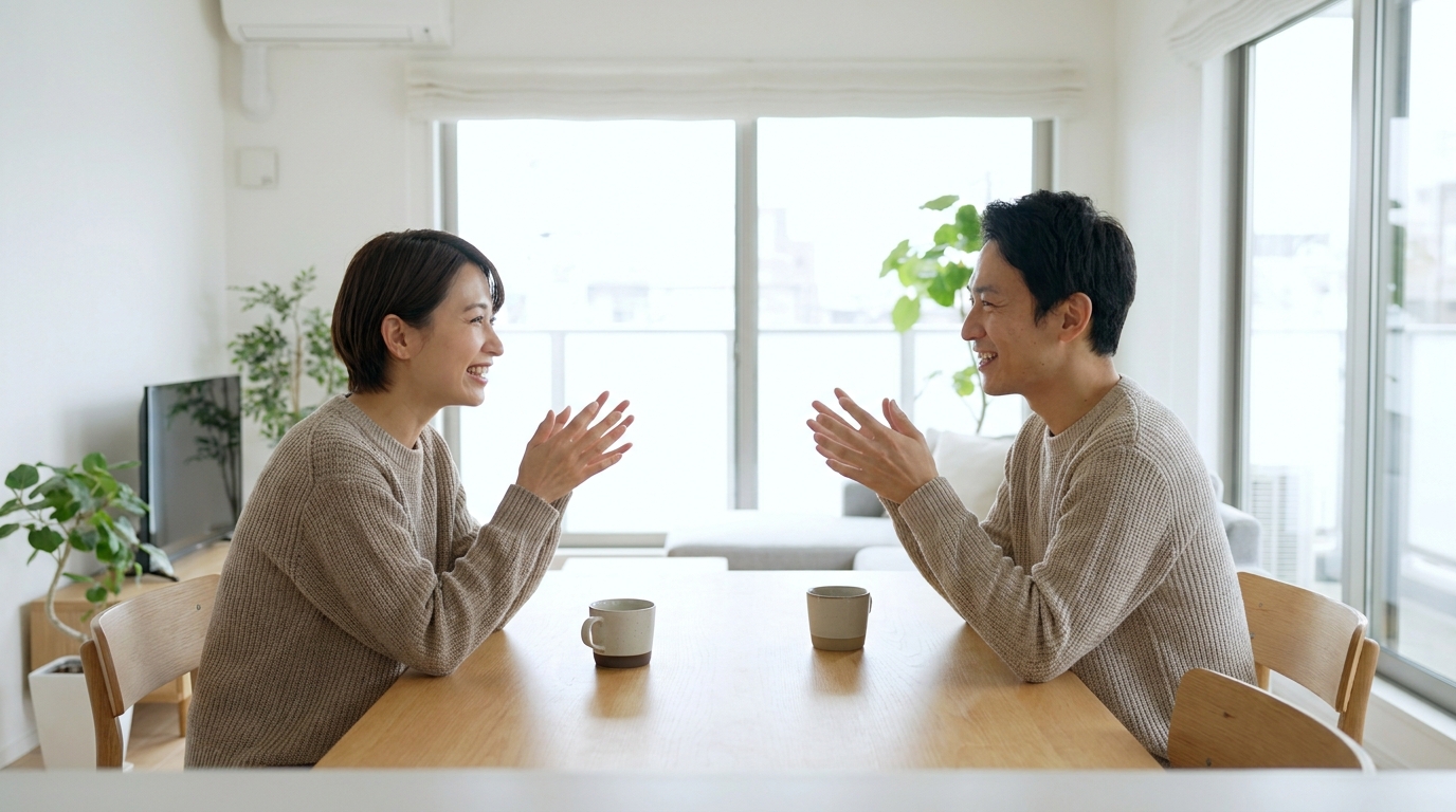 ダイニングで家事について話し合う夫婦