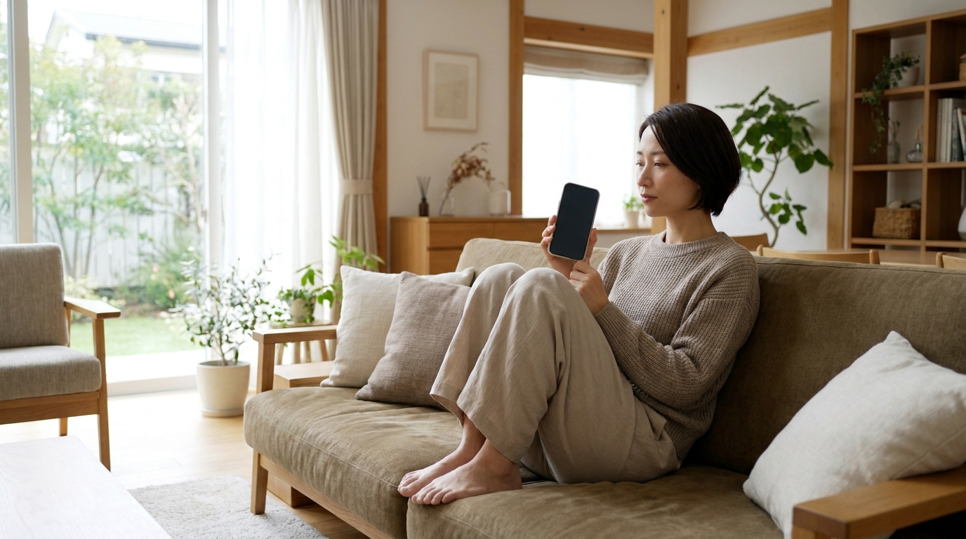 ソファでスマートフォンの口コミや評判を読む女性