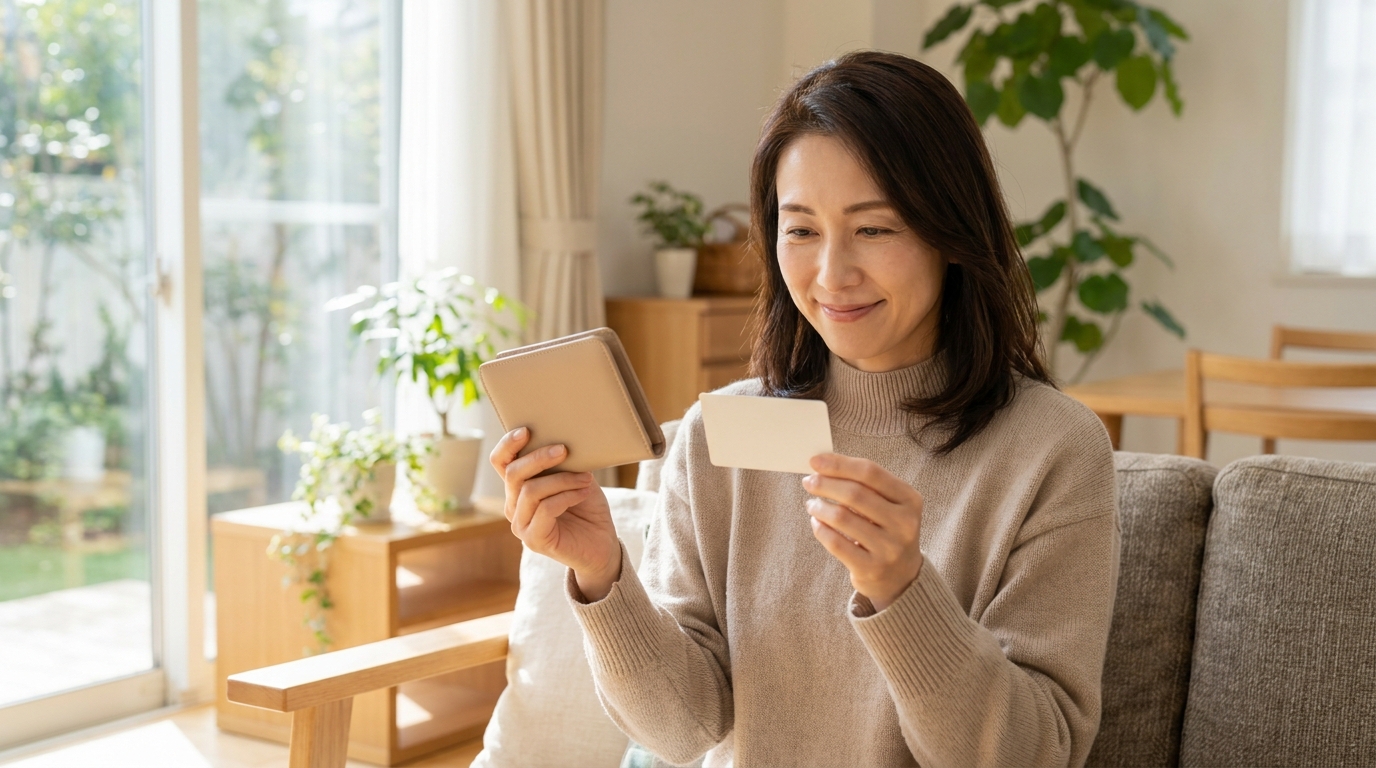 財布とカードを手にベアーズの優待を確認する女性