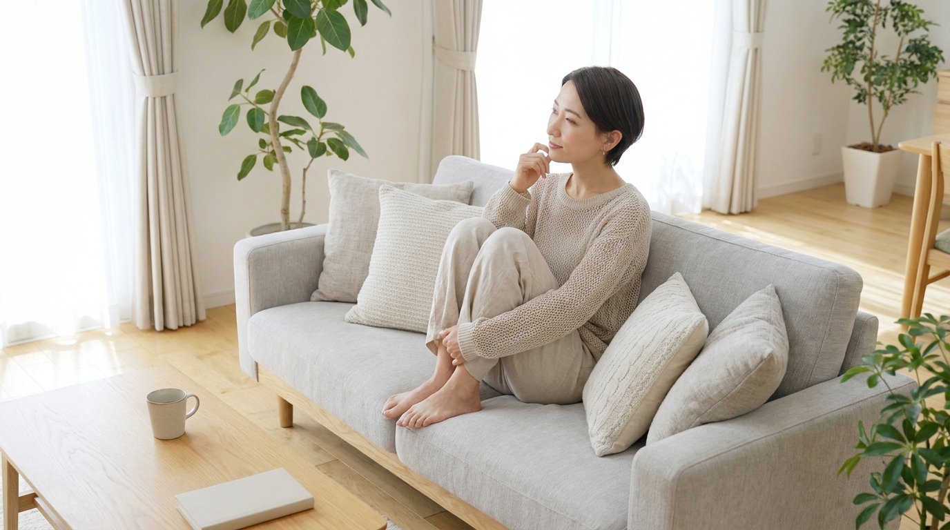 ソファで思案する専業主婦