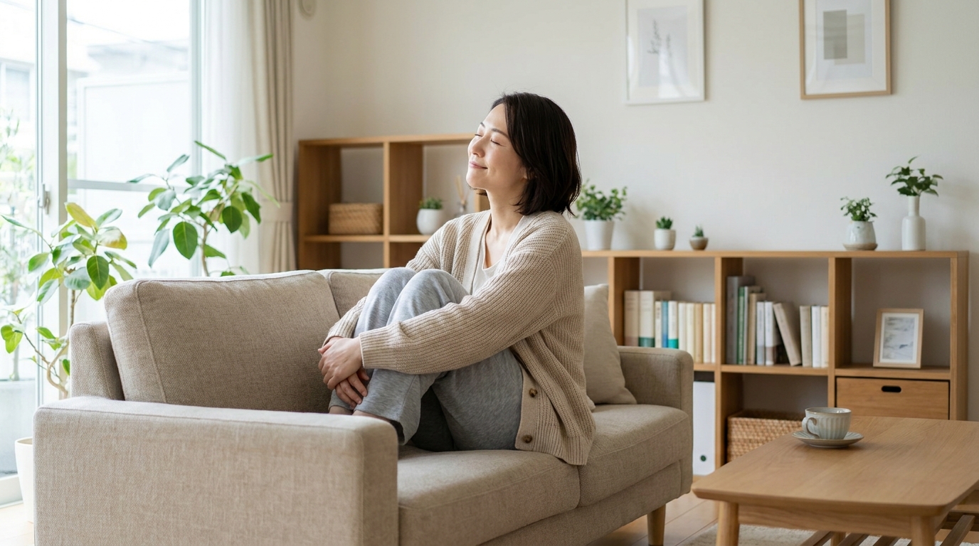 片付いた明るいリビングでくつろぐ女性