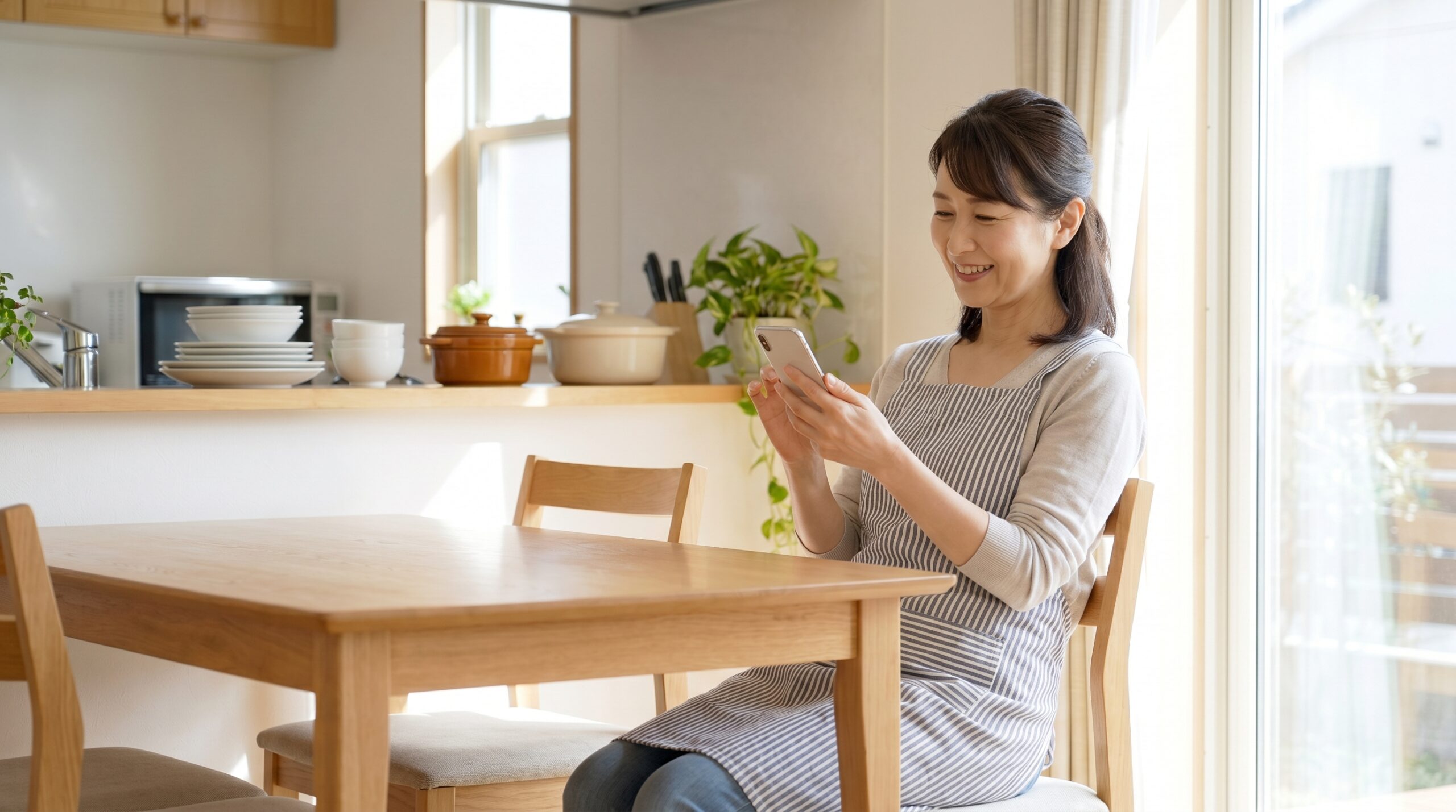 家事を終えてスマホを確認し笑顔の日本人女性