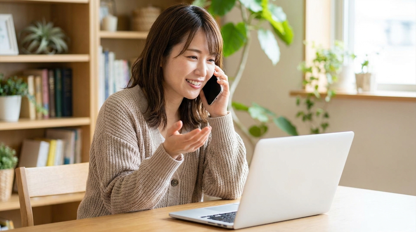 自宅で電話やパソコンで家事代行に問い合わせる女性