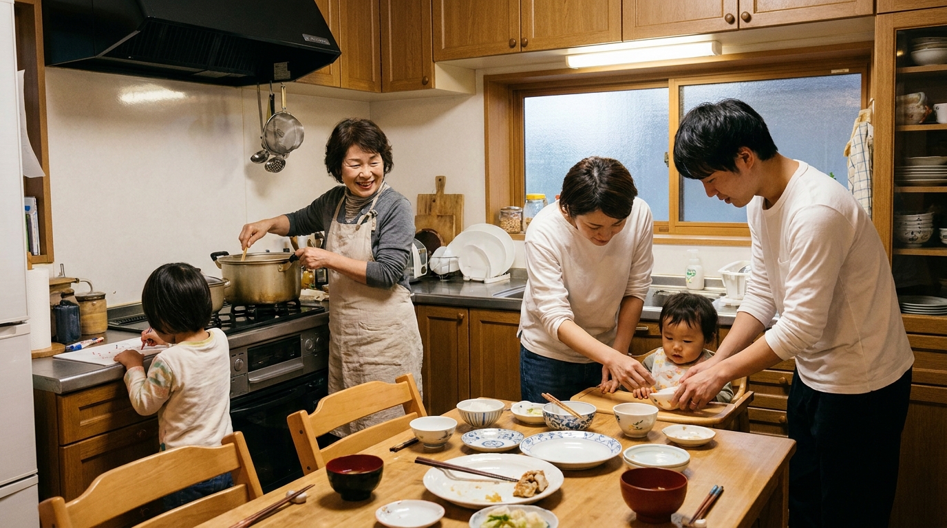 共働き家庭の夕食づくりを手伝うシニアの家事サポーター