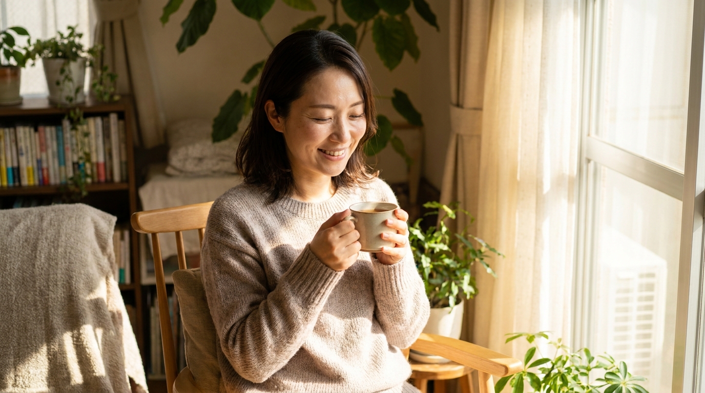 窓辺でお茶を片手にくつろぐ日本人女性