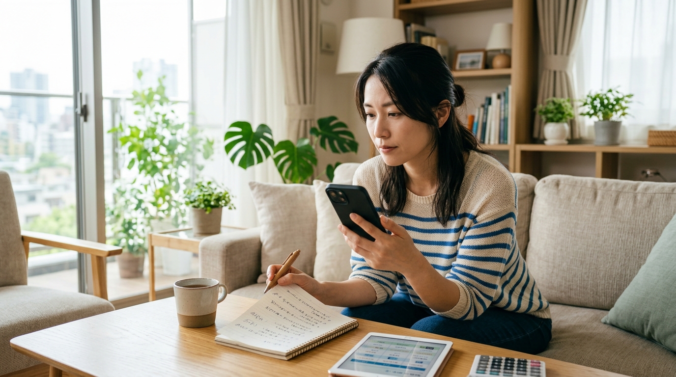 スマホとメモで家事代行サービスを比較検討する女性