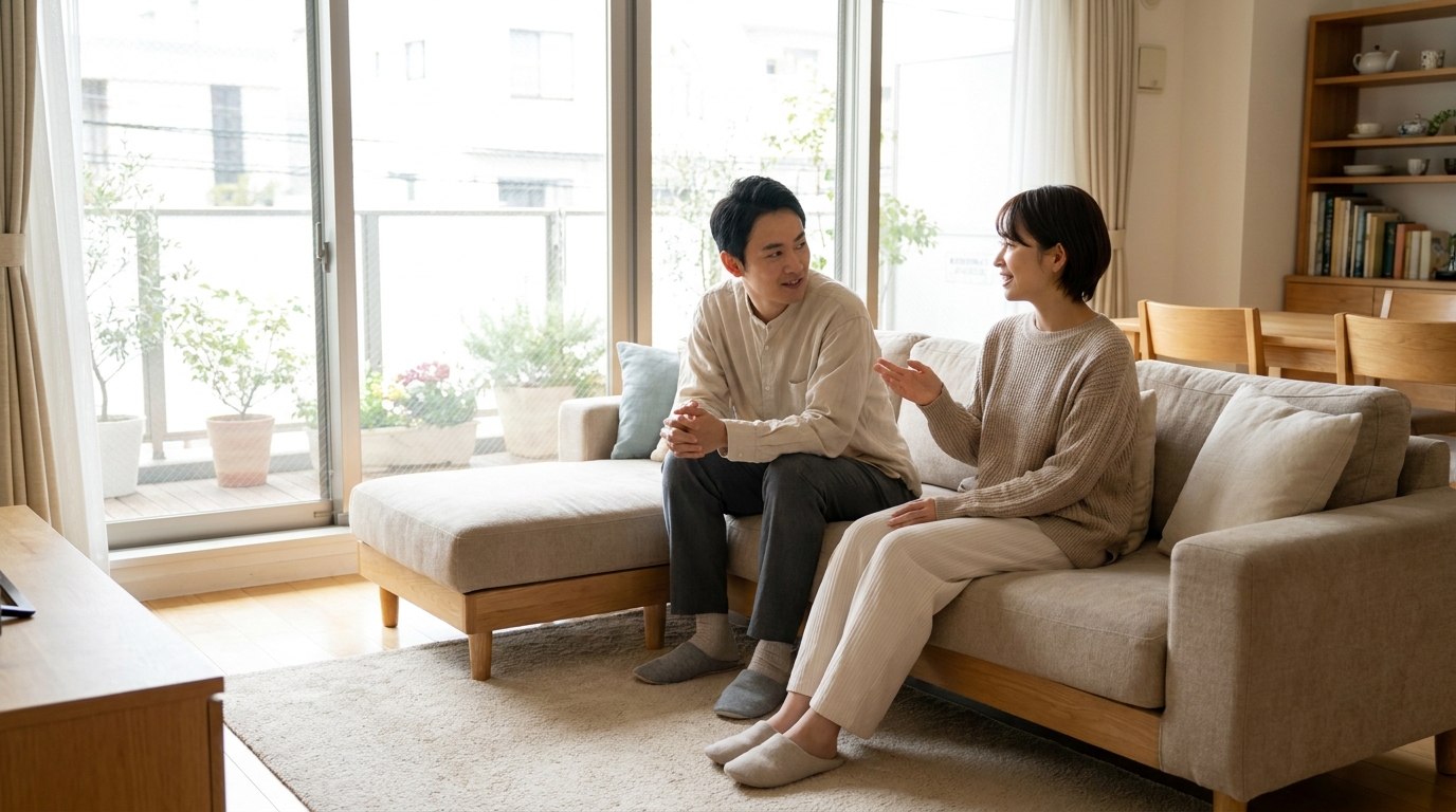 リビングで向き合って穏やかに会話する30代の日本人夫婦