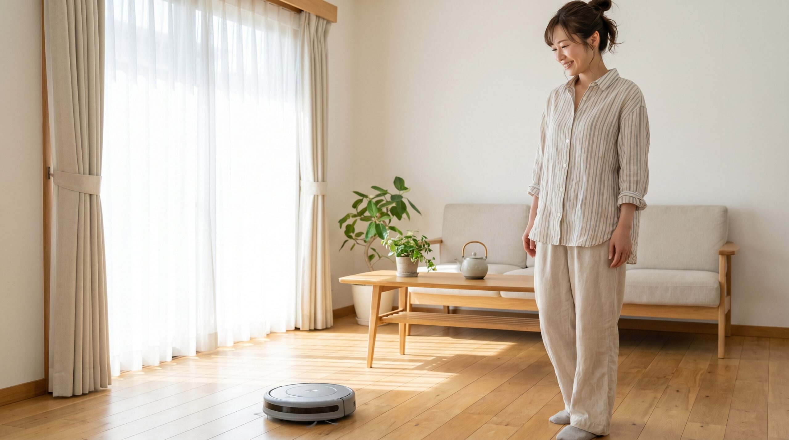 ロボット掃除機が動く明るいリビングでくつろぐ女性