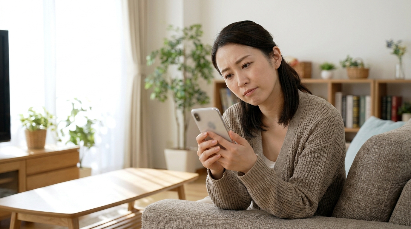 スマートフォンでクーポンの状況を確認する女性