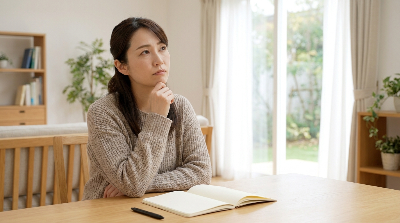 メリットとデメリットを考えるノートを前にした女性