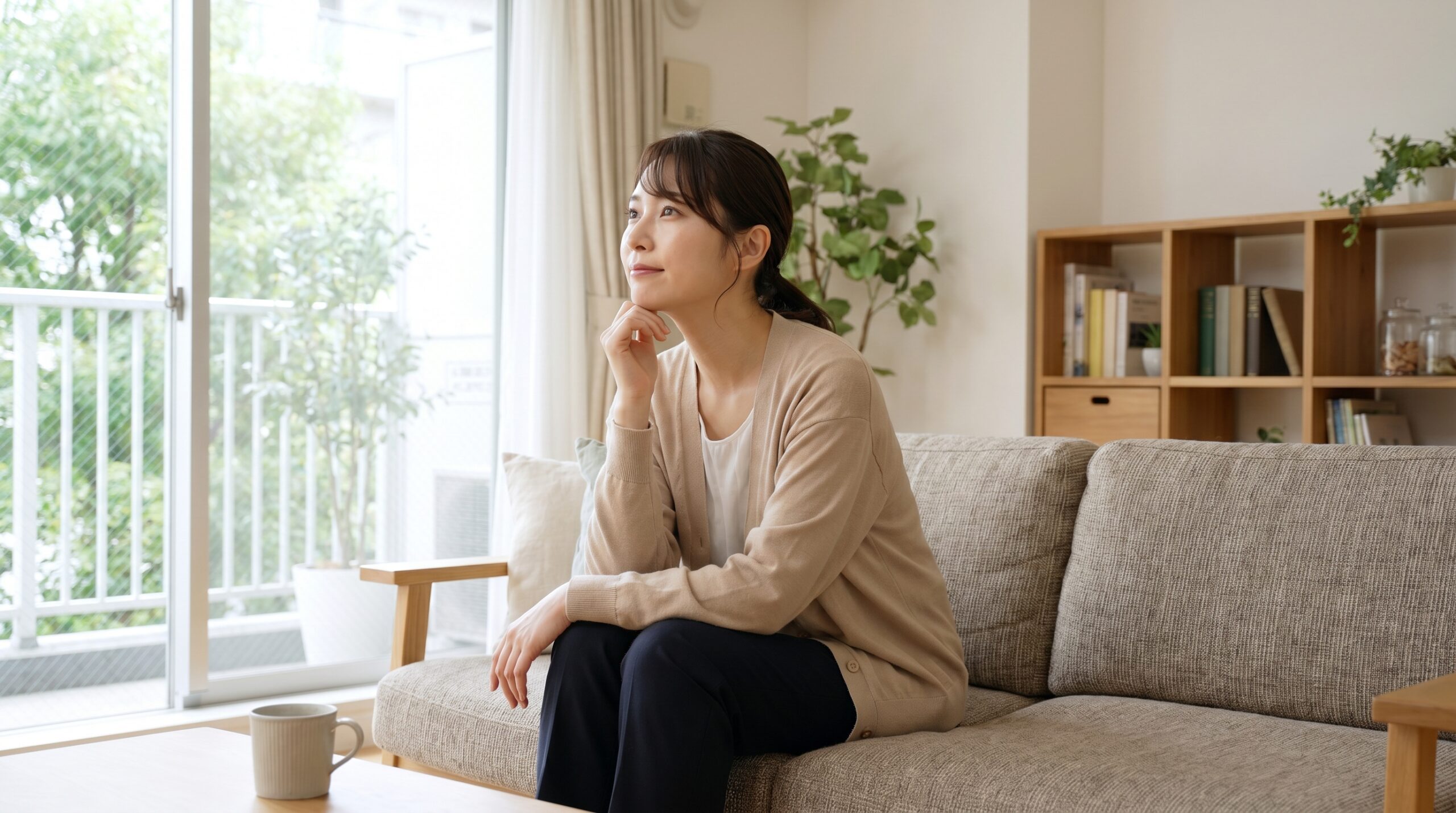 ソファで疑問を考える日本人女性