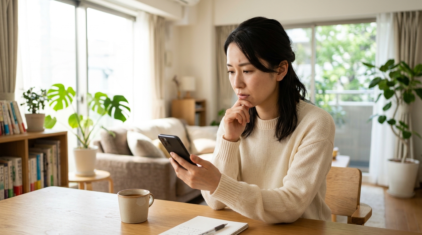 スマホを見ながら疑問を思い浮かべる女性