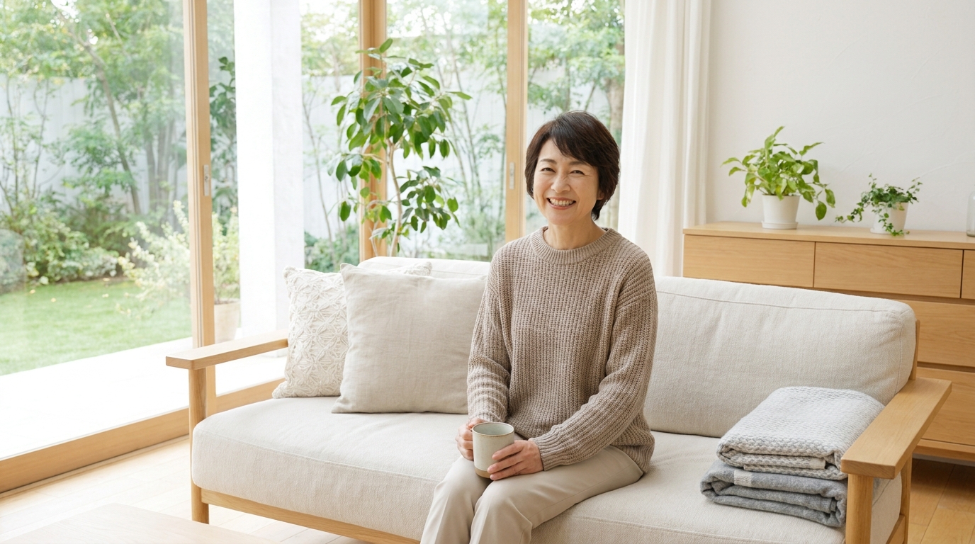明るく片付いた部屋で笑顔でくつろぐ女性