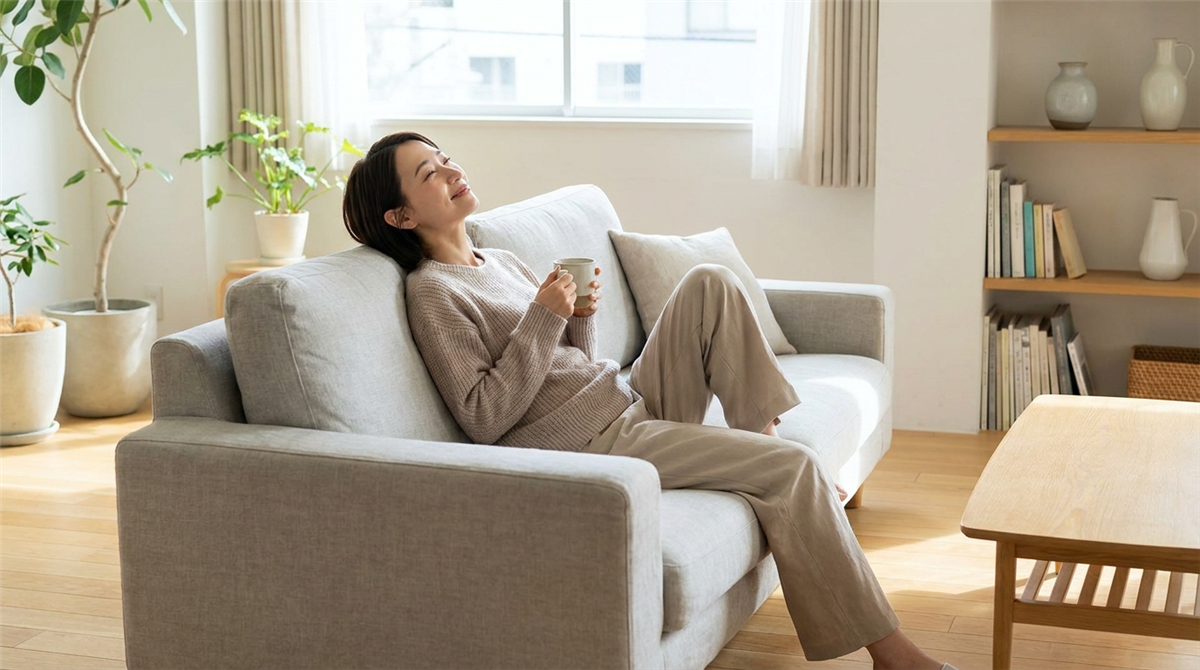 清潔で片付いた部屋でくつろぐ女性