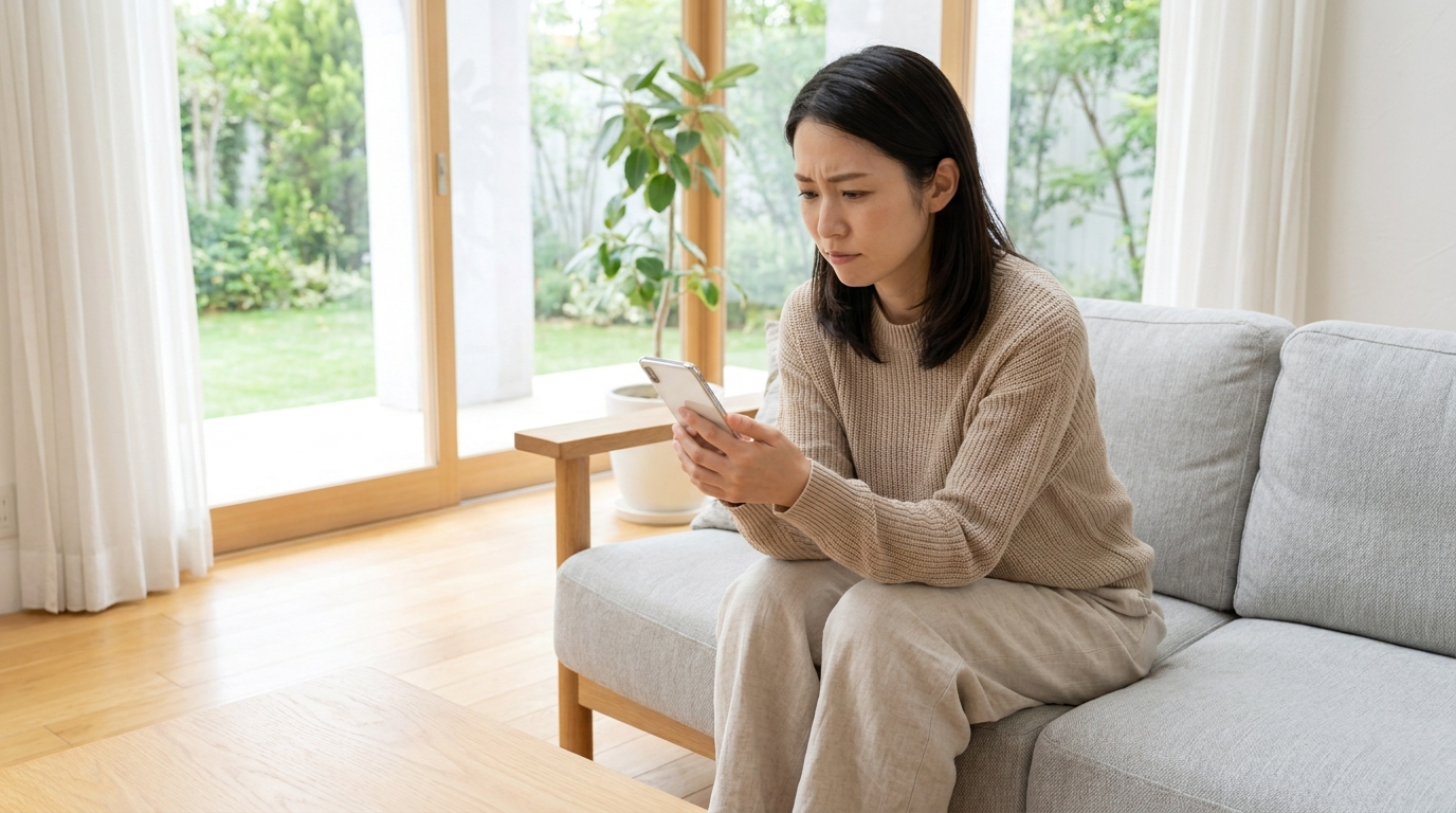 スマートフォンで口コミや評判を読みながら考える女性