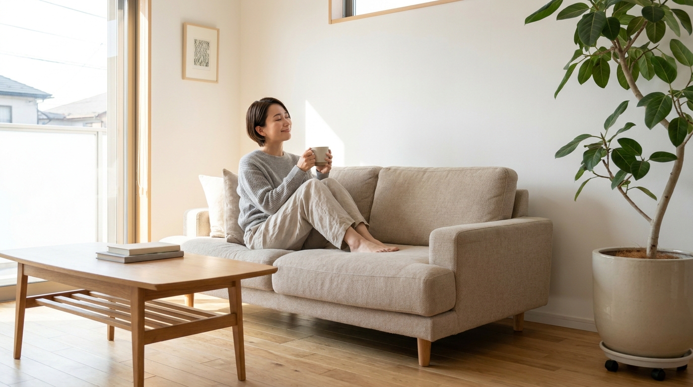 片付いたリビングでお茶を飲みくつろぐ専業主婦