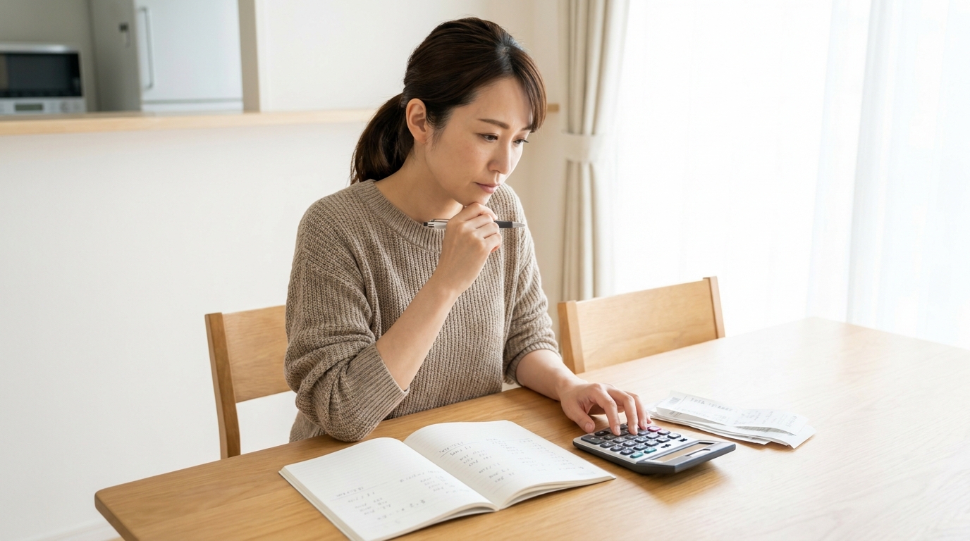 電卓と家計簿でベアーズの料金を確認する女性