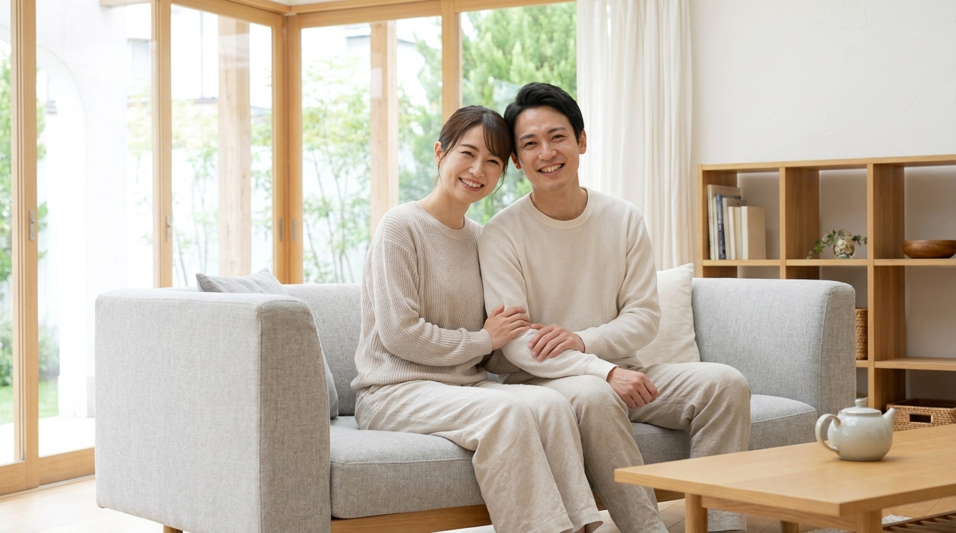 片付いた部屋で笑顔でくつろぐ共働き子なしの日本人夫婦