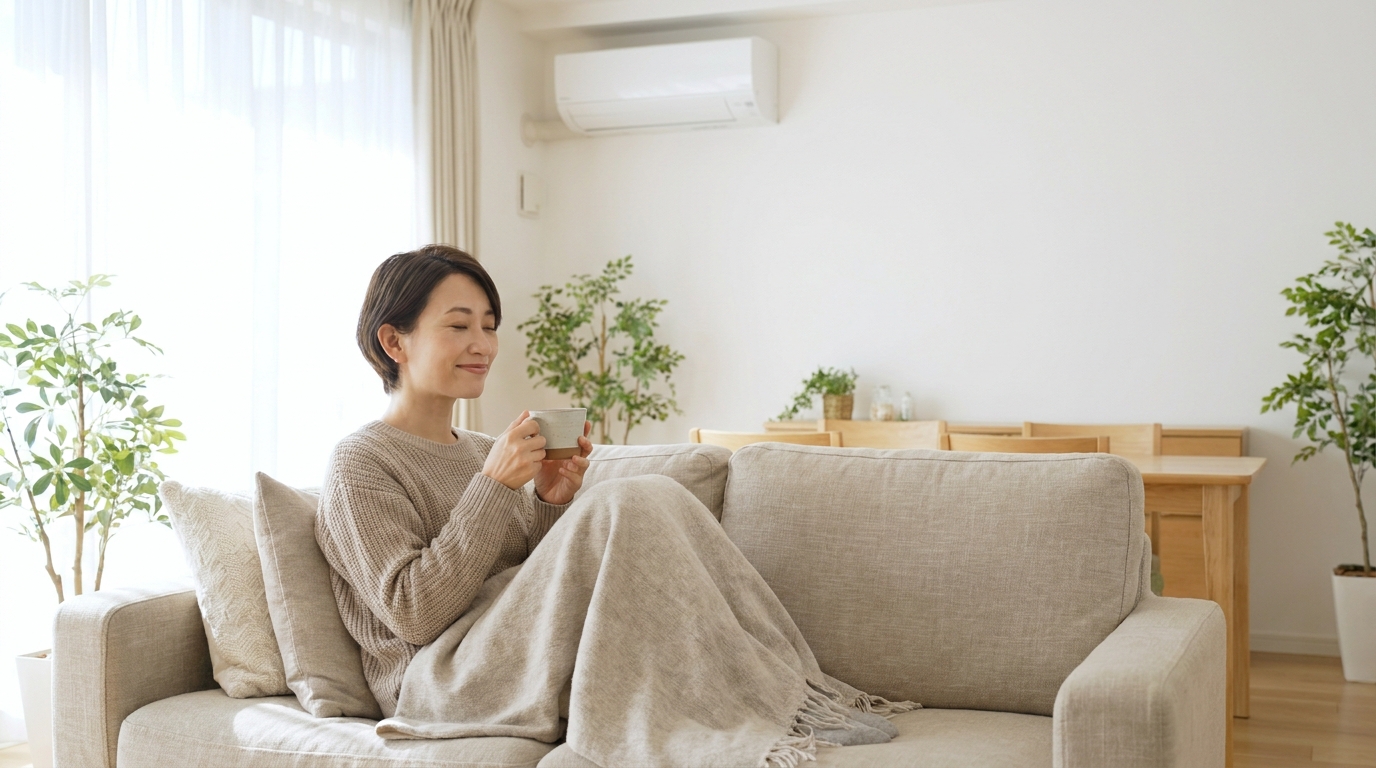 エアコンの効いた快適な部屋でくつろぐ女性