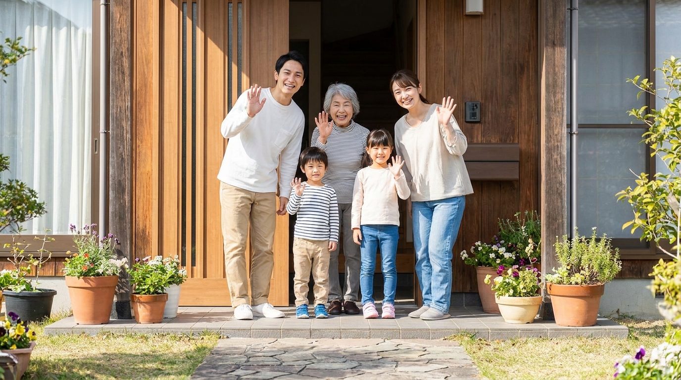 玄関で笑顔で見送る家族ときらりさん