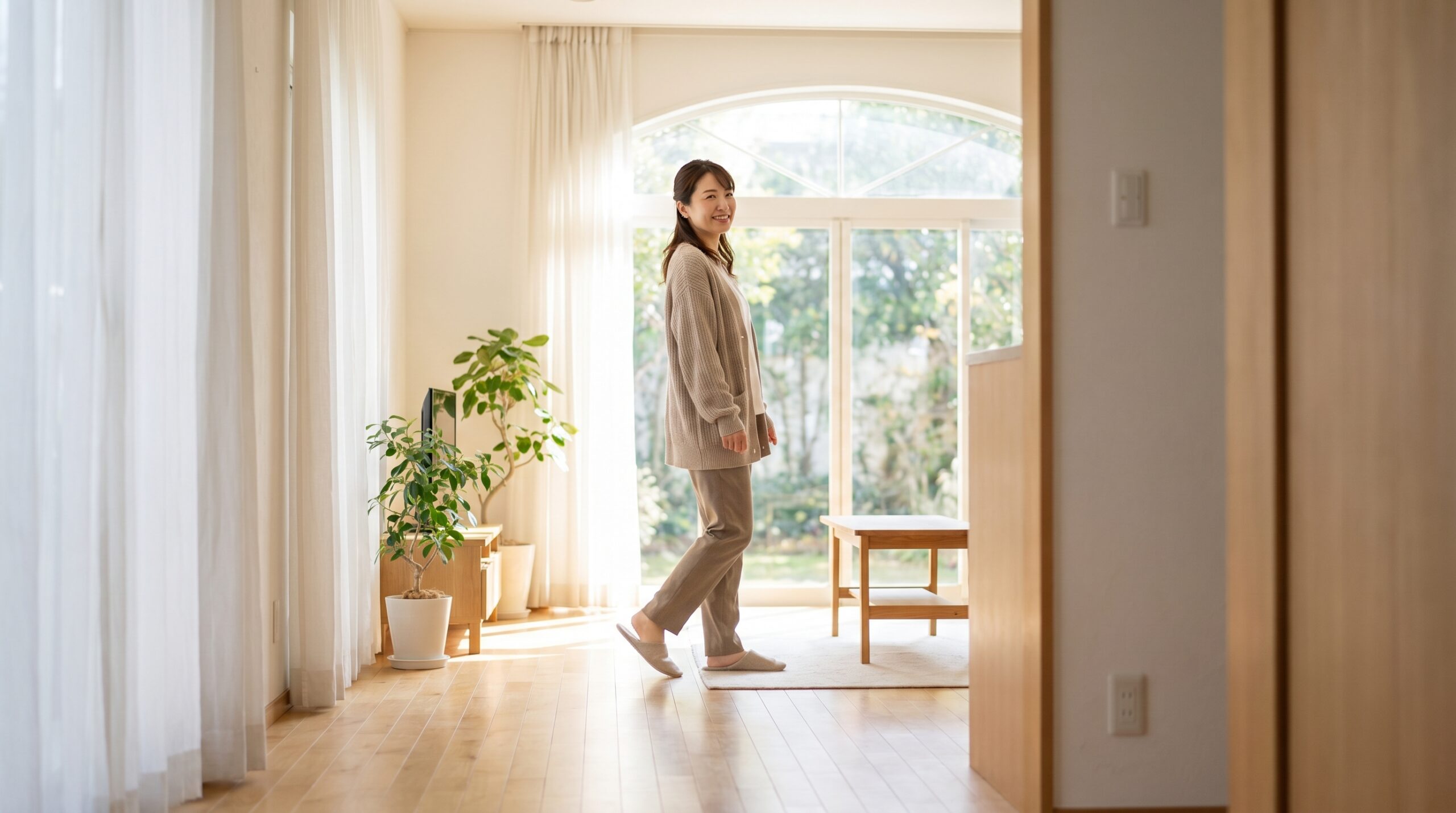 明るい窓に向かって前向きに歩み出す日本人女性