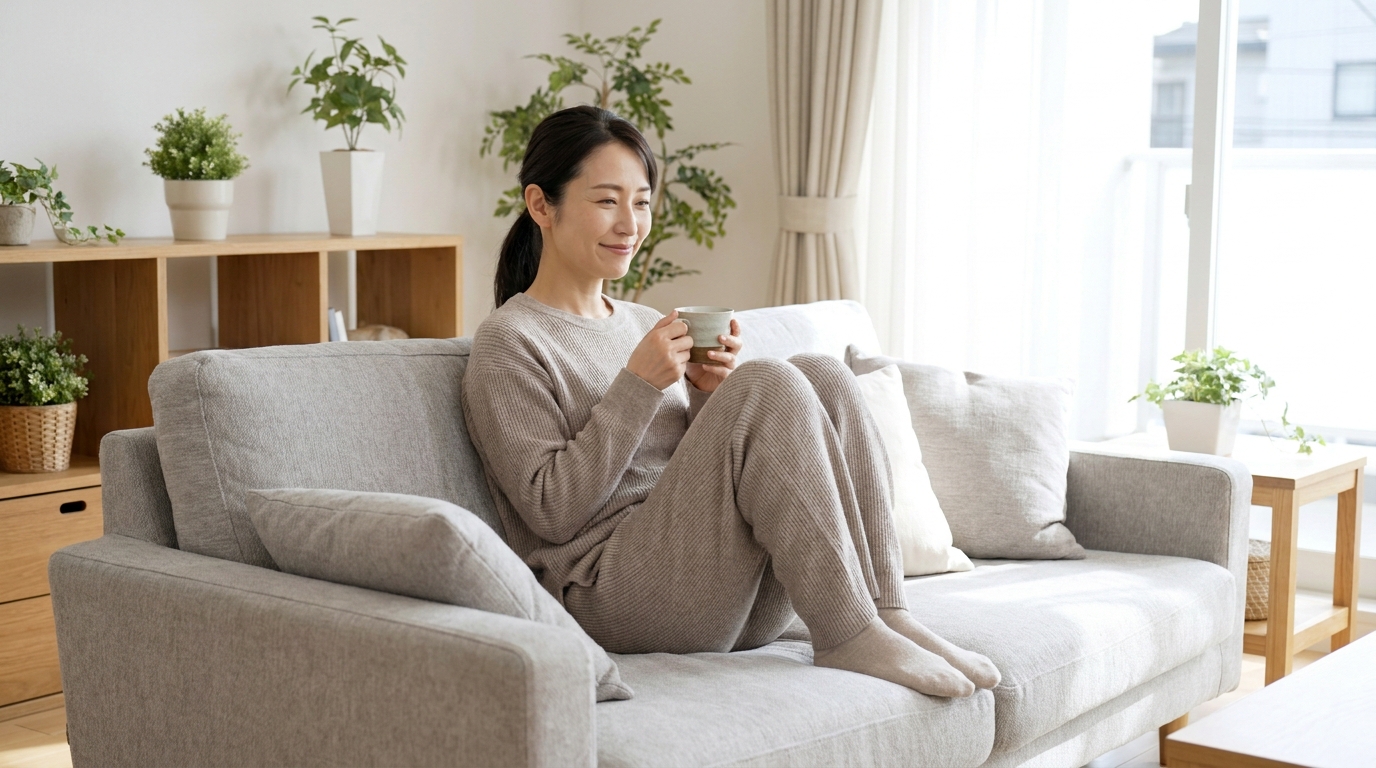 片付いた明るいリビングでお茶を飲みくつろぐ女性