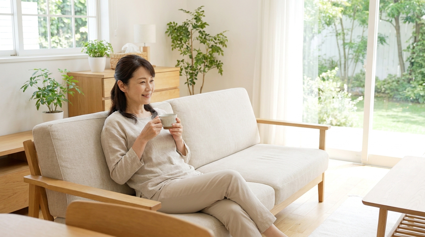 片付いた明るいリビングでくつろぐ女性
