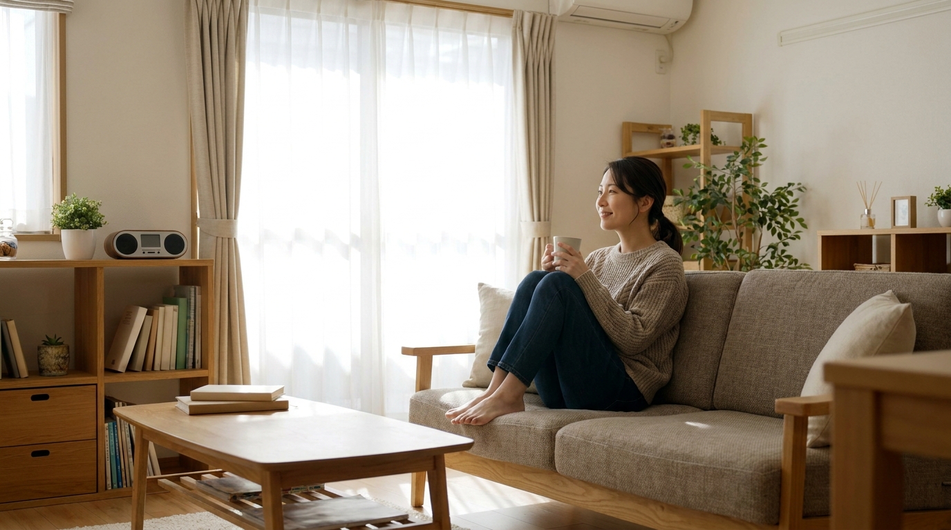片付いた明るいリビングでくつろぎ家事から解放された女性