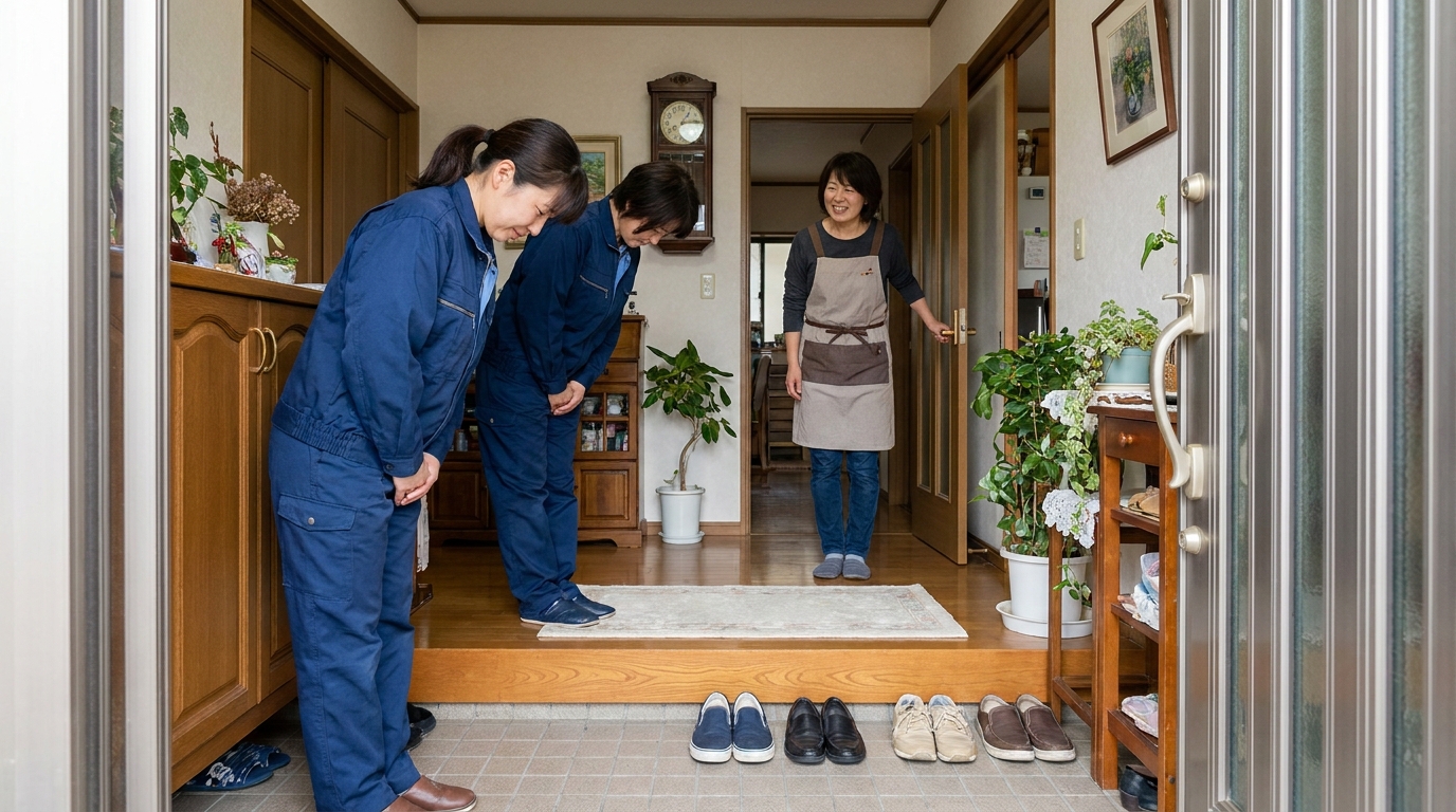 玄関で挨拶する整理収納スタッフ2名と出迎える主婦