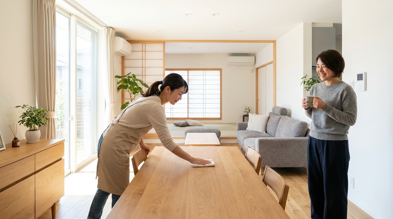 明るいリビングでテーブルを拭く家事代行スタッフと出迎える主婦