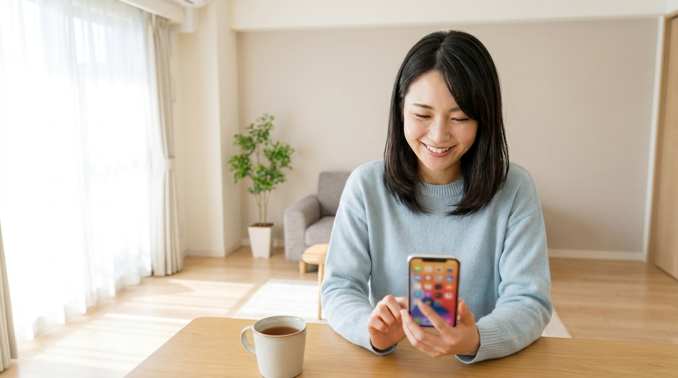 スマートフォンでピナイ家事代行の予約画面を確認する女性