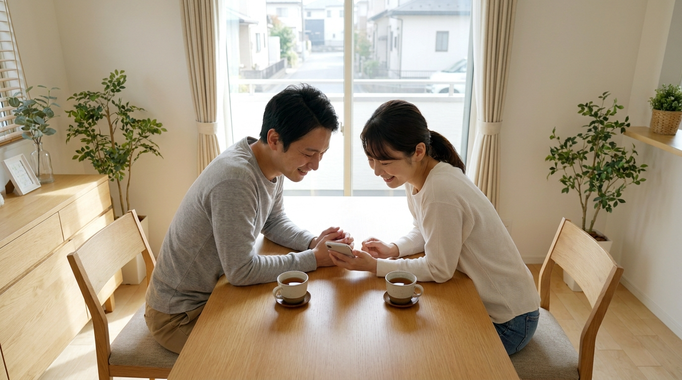ダイニングでスマートフォンからシェアダインを予約する日本人夫婦