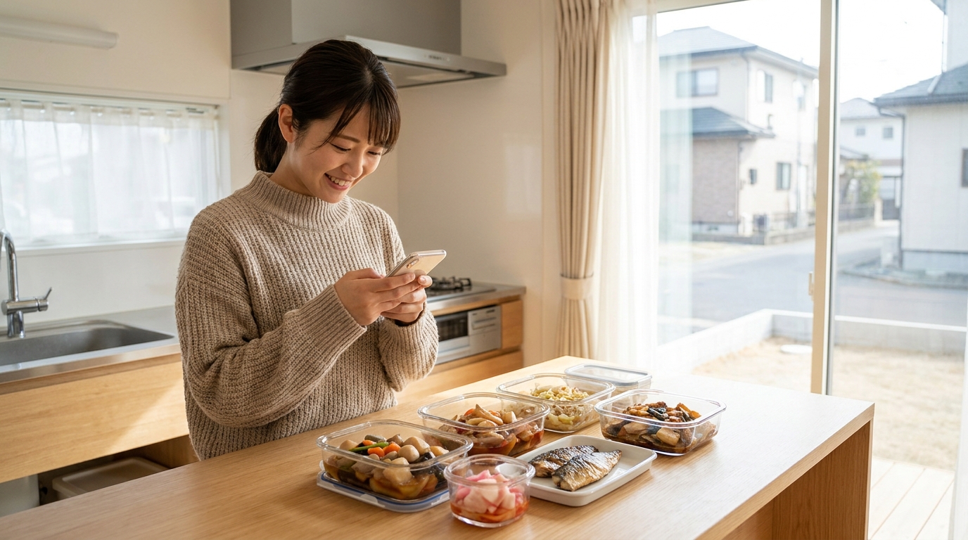 明るいキッチンでスマホを見ながら手料理の宅配容器を確認する女性