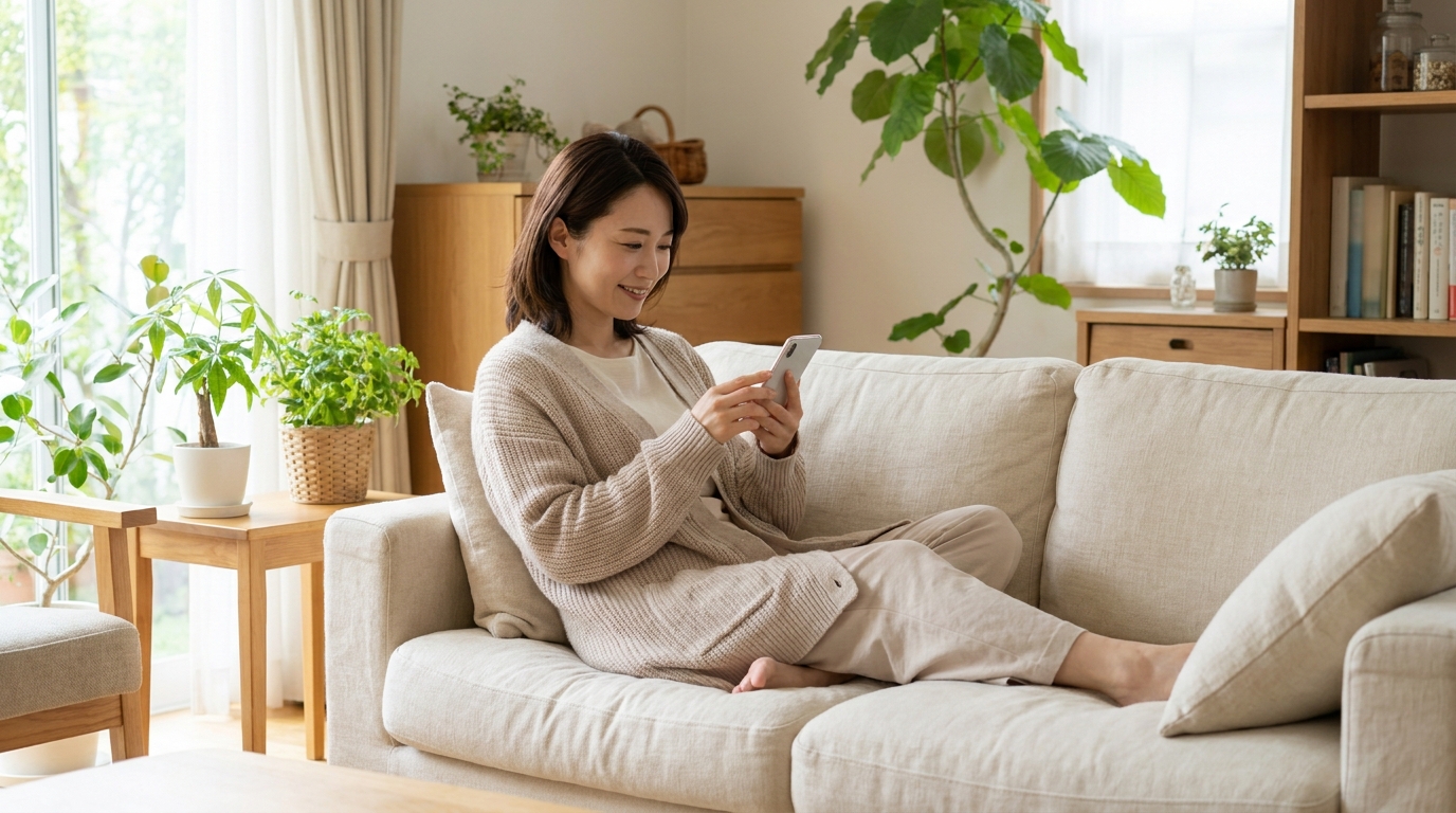 スマートフォンでクーポン情報を確認する女性の手元