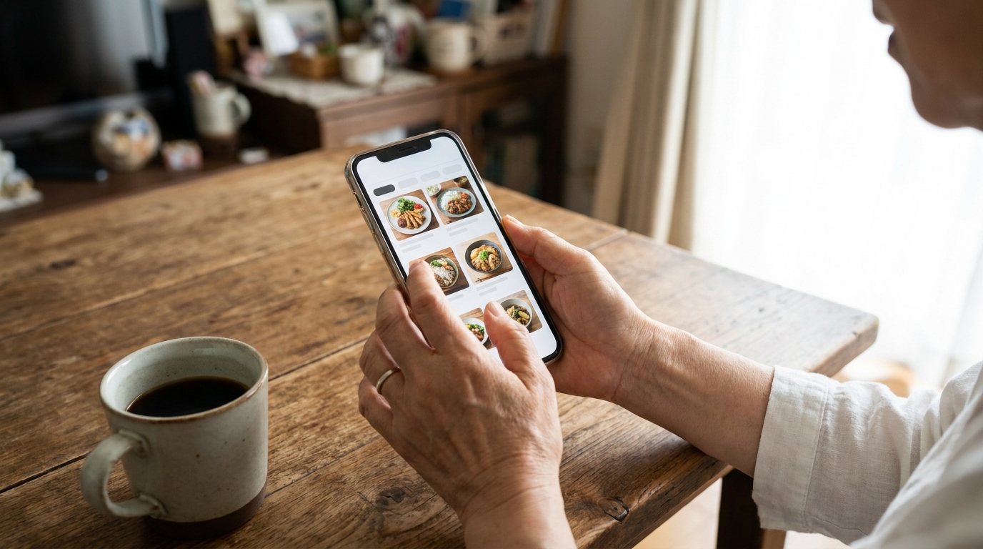 木のテーブルでスマホから食事の定期便を注文する女性の手元