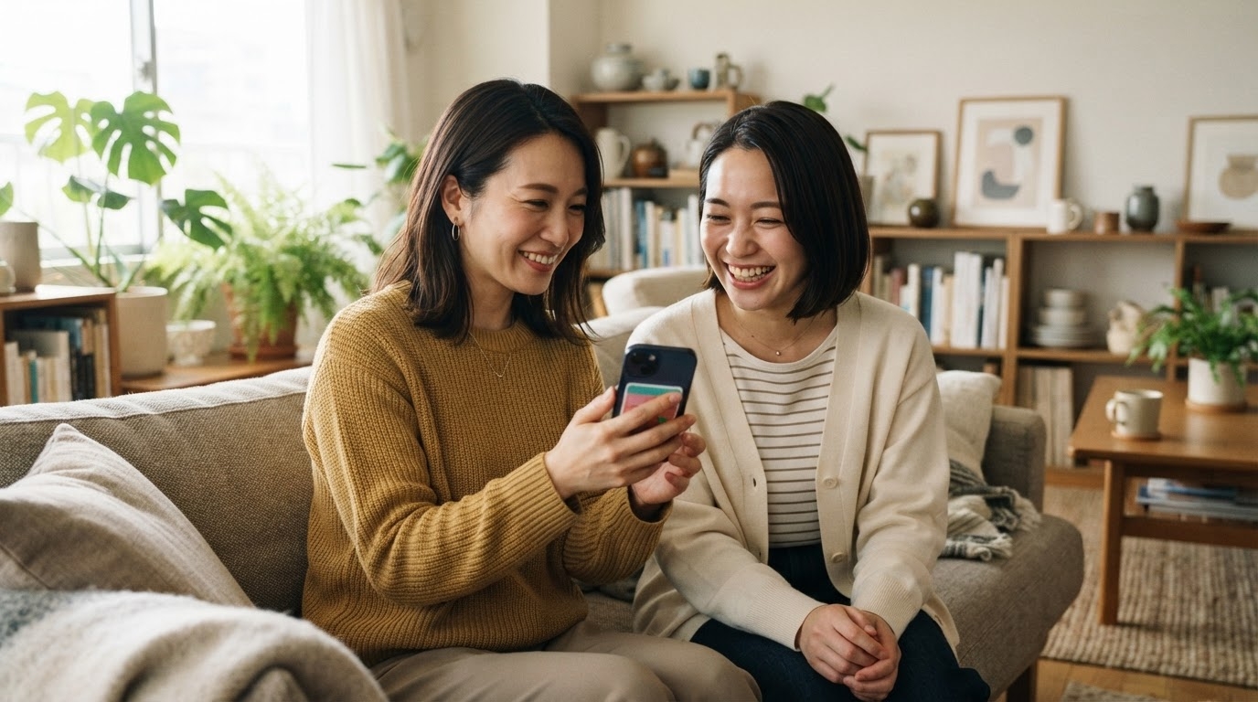 ソファでスマートフォンを見せ合い紹介コードを教え合う女性2人