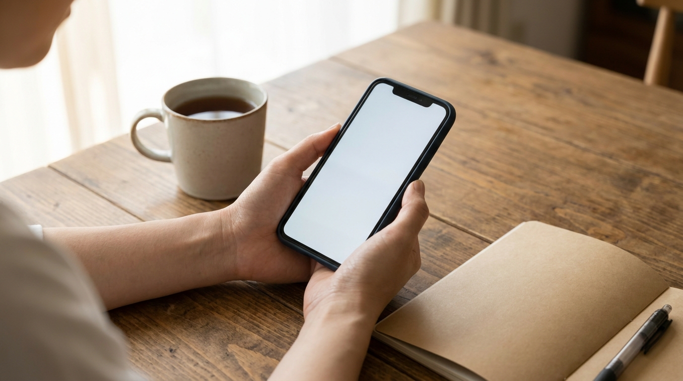 木のテーブルでスマートフォンを持ち割引情報を確認する女性の手元