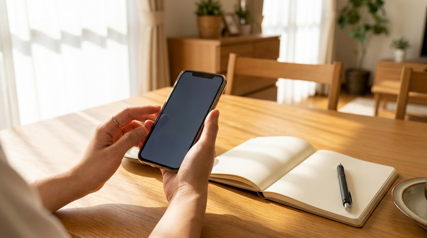 ダイニングでスマートフォンを見て料金と割引を比べる女性の手元