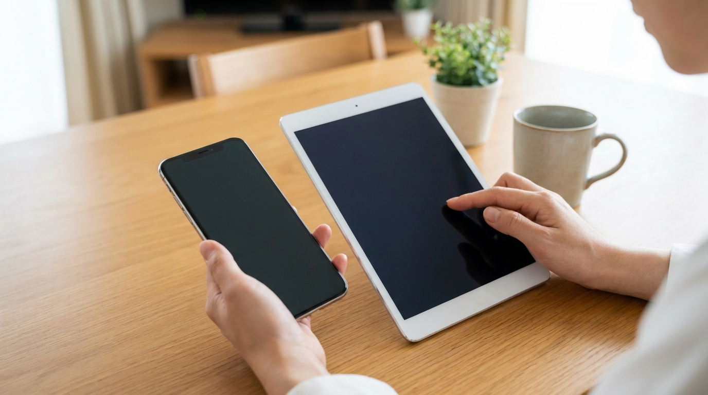 スマートフォンとタブレットで予約画面を操作する手元