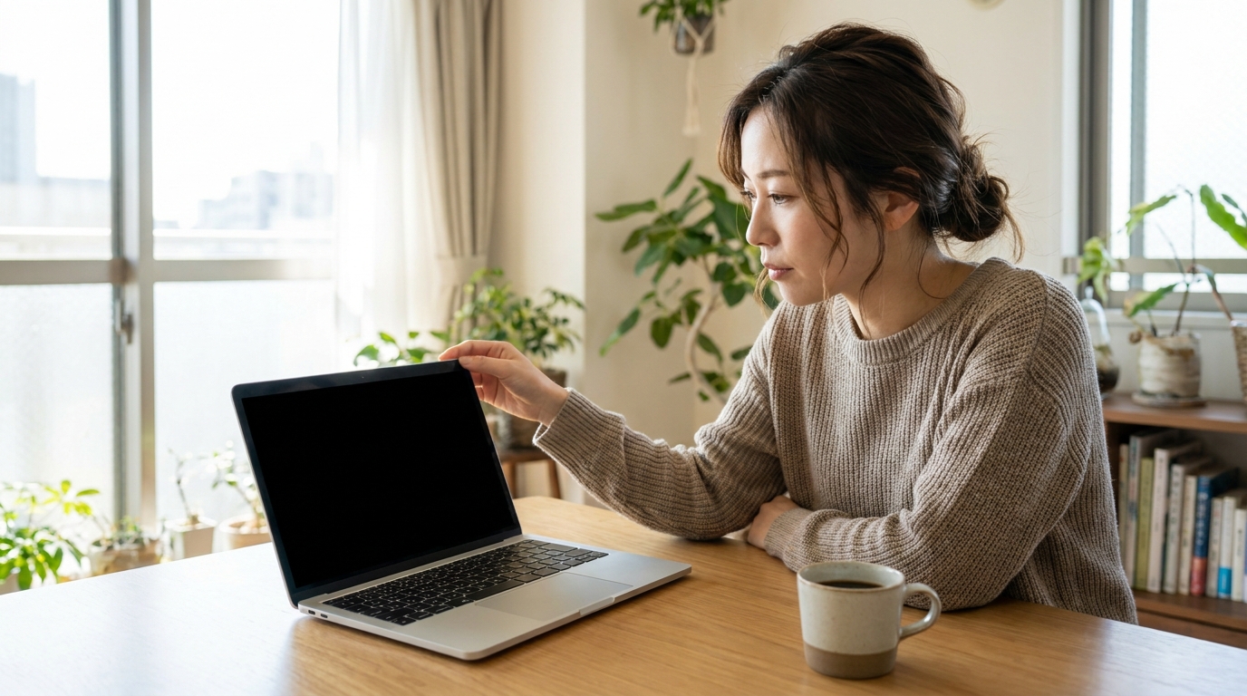 パソコンで勤務先の福利厚生サイトを確認する女性