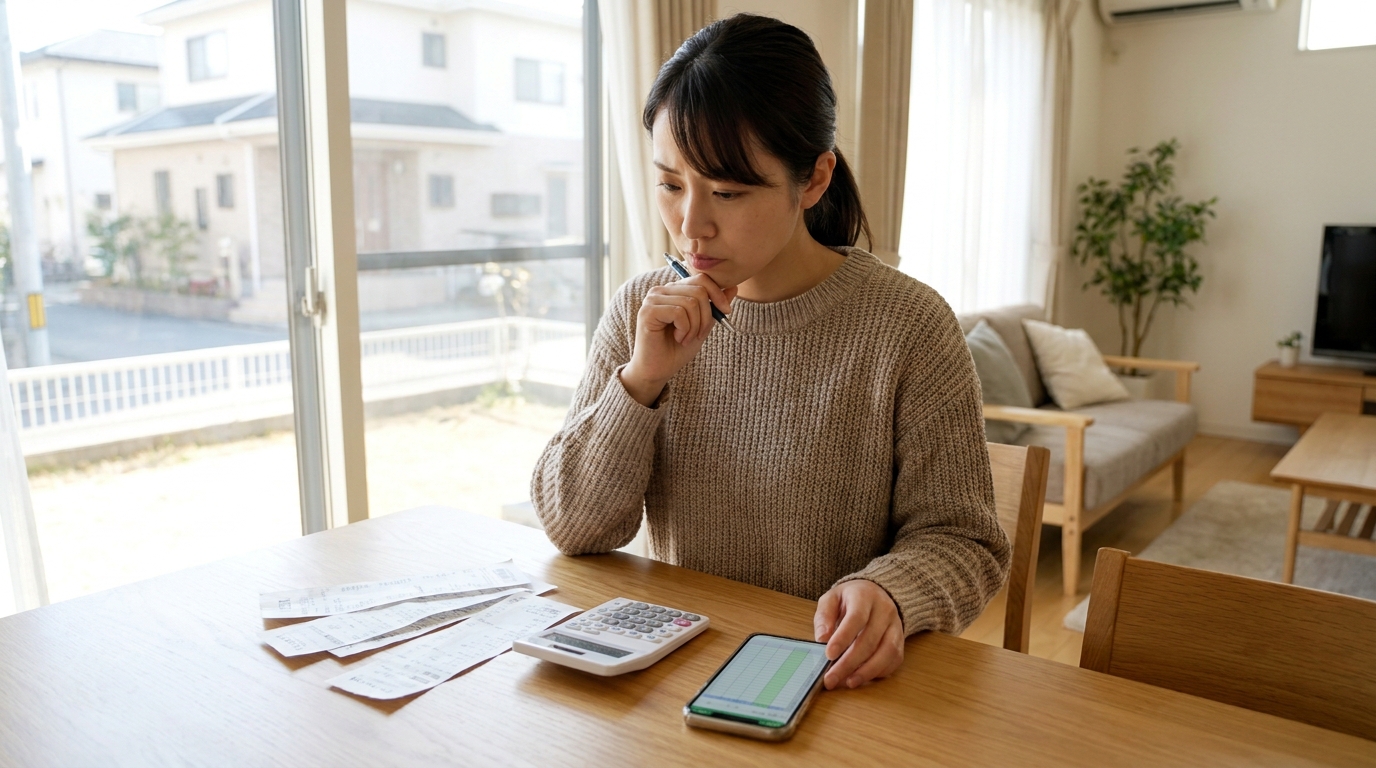 電卓とスマホで料金を比較する女性・家計の見直し
