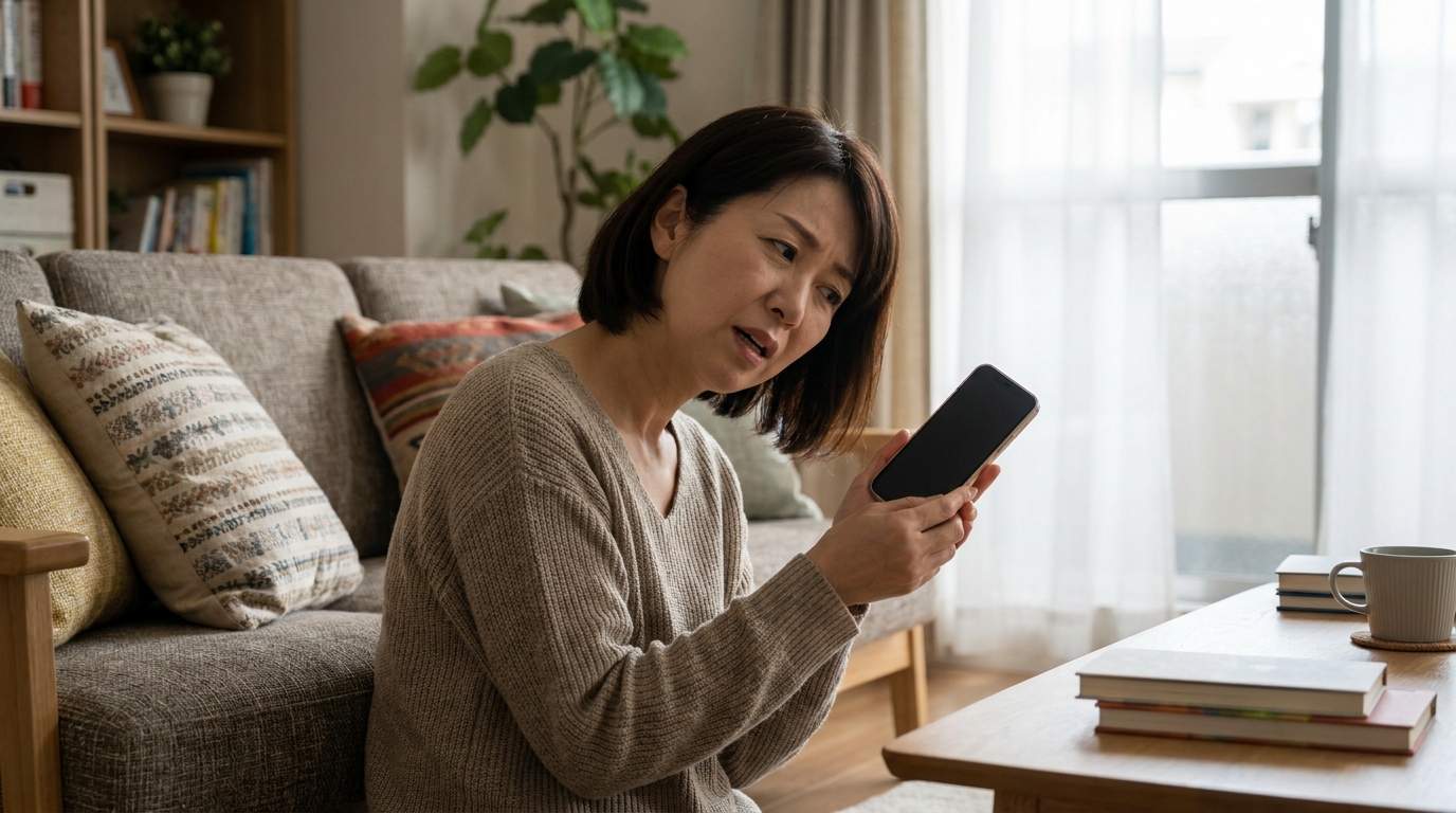 スマートフォンを見て割引が使えるか戸惑う女性