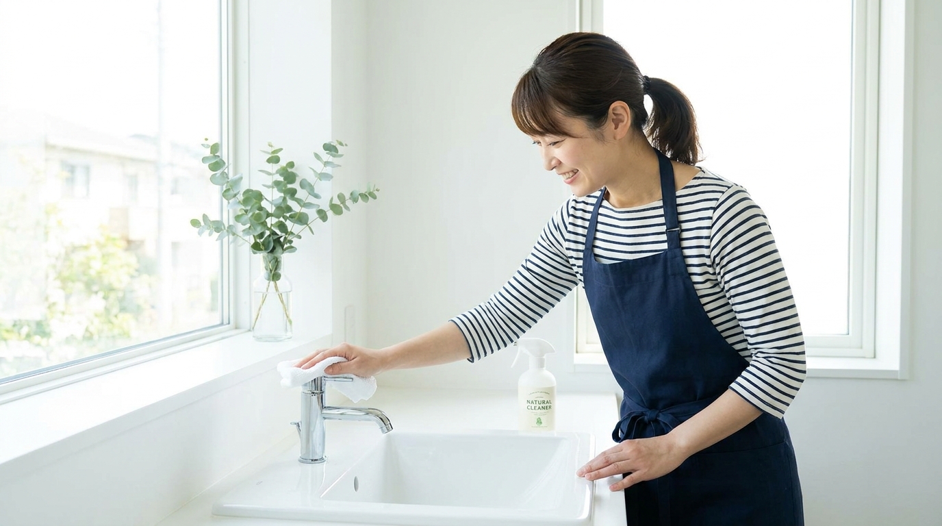 明るいリビングで水回りを掃除する家事代行スタッフ