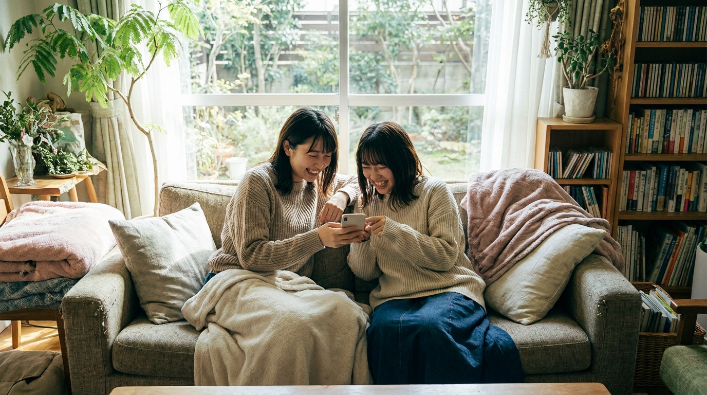 1台のスマホを一緒に見る二人の女性・和やかな自宅