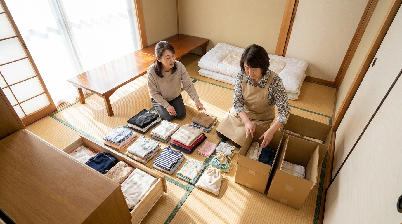 引き出しの中身を床に広げて仕分けする整理収納スタッフと依頼主
