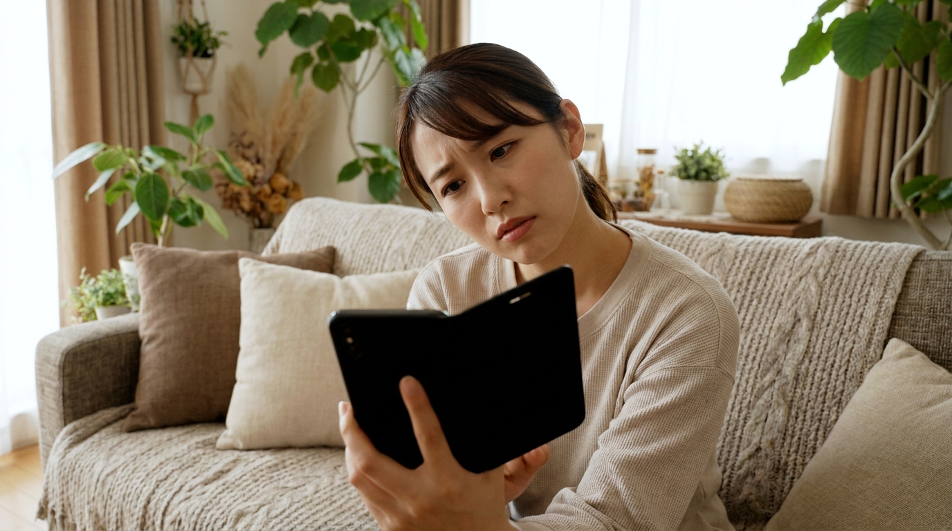 スマートフォンを見て割引が使えるか戸惑う女性