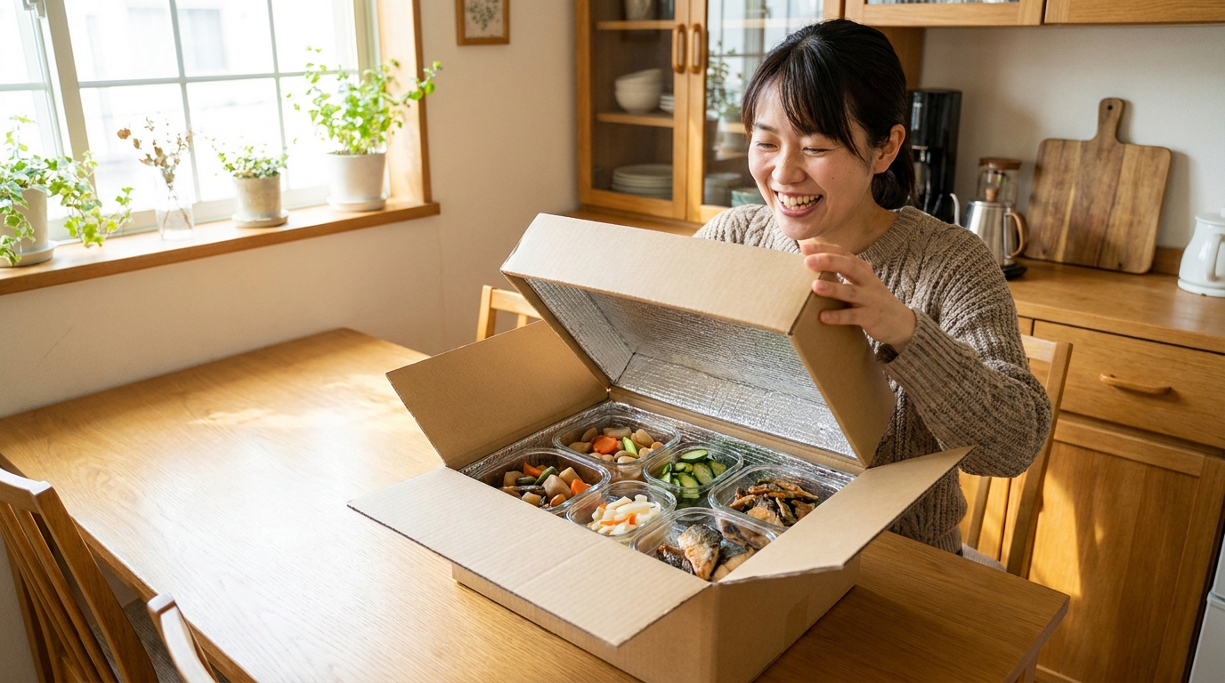 キッチンで届いた冷蔵の宅配ボックスを開ける女性・惣菜容器